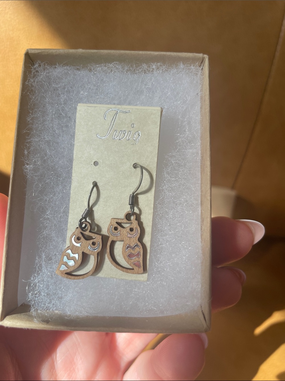 Wooden Owl Drop Earrings - Brown and Silver